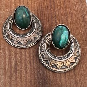 Malachite stone earrings brass and silver with post.
